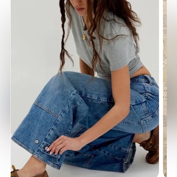 NWT FREE PEOPLE Bayou Blue Curvy Outlaw Wide Leg Distressed Jean SZ: L - Picture 2 of 4